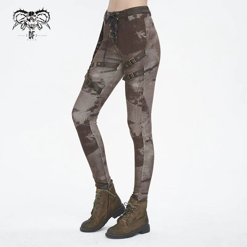 Punk-Schnürleggings mit Batik-Schnalle für Damen in Kaffeebraun