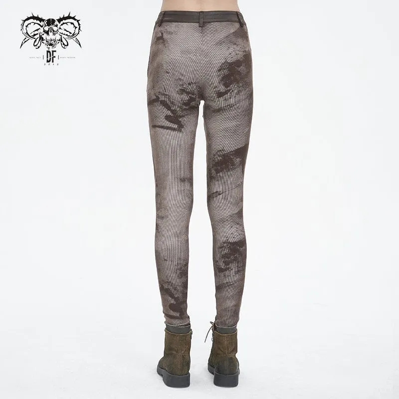 Punk-Schnürleggings mit Batik-Schnalle für Damen in Kaffeebraun
