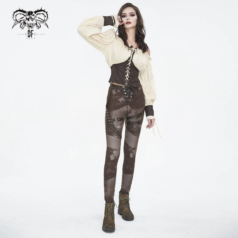 Punk-Schnürleggings mit Batik-Schnalle für Damen in Kaffeebraun