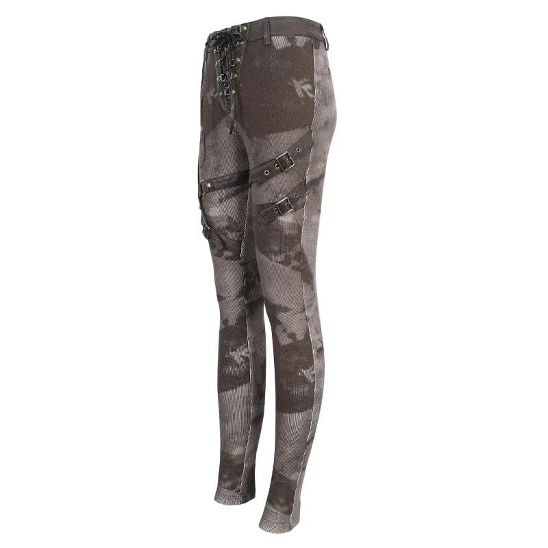 Punk-Schnürleggings mit Batik-Schnalle für Damen in Kaffeebraun