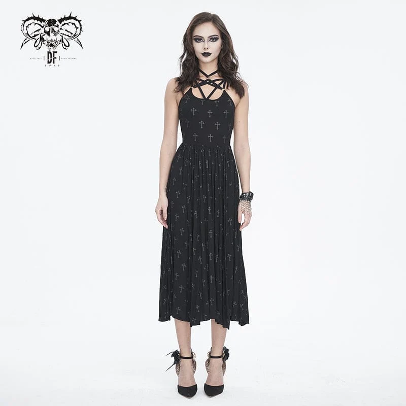Damen-Gothic-Träger-Maxikleid mit Schlitz und Shorts