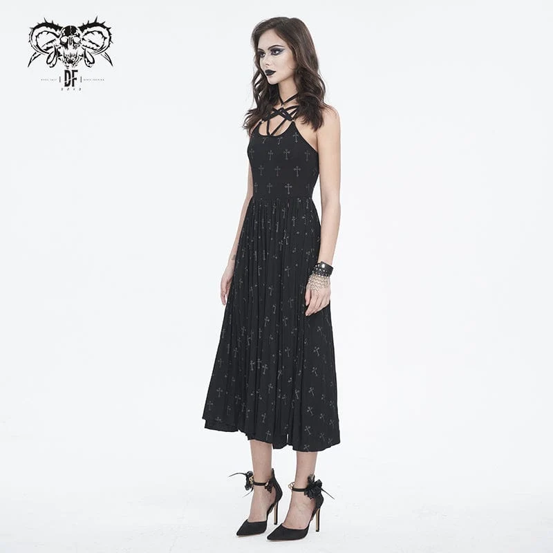 Damen-Gothic-Träger-Maxikleid mit Schlitz und Shorts