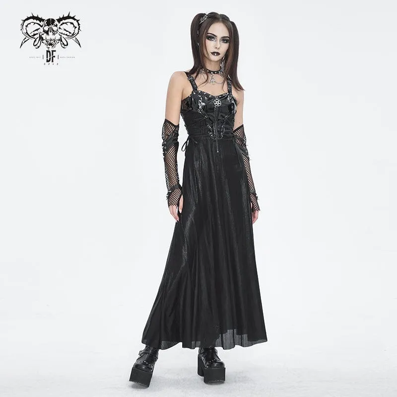 Gothic-Maxikleid mit Schnallenriemen und Ösen für Damen