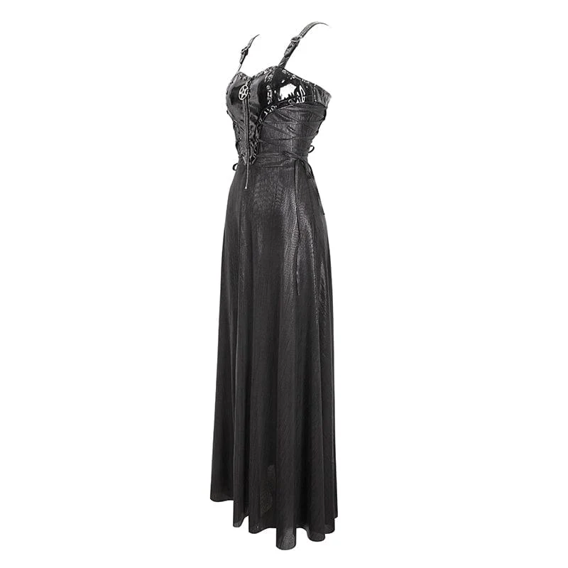 Gothic-Maxikleid mit Schnallenriemen und Ösen für Damen
