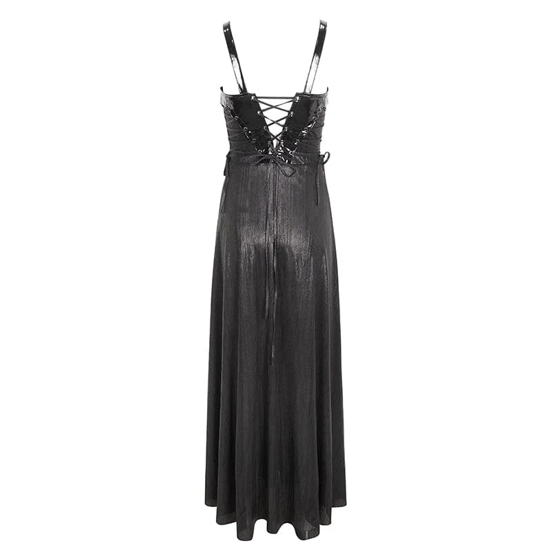 Gothic-Maxikleid mit Schnallenriemen und Ösen für Damen
