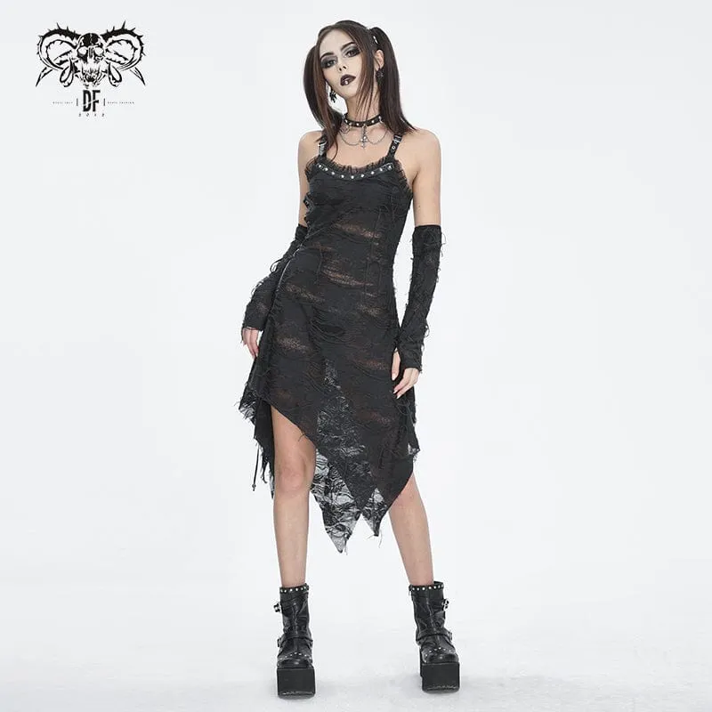 Damen-Gothic-Spitzenkleid mit gerissenem Saum und Armärmeln