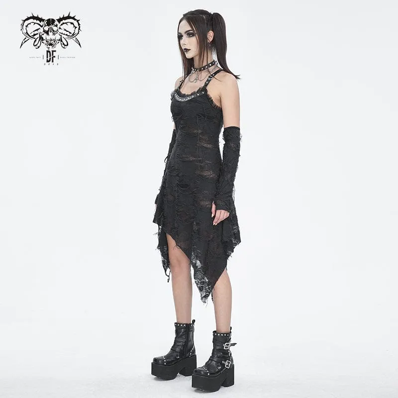 Damen-Gothic-Spitzenkleid mit gerissenem Saum und Armärmeln