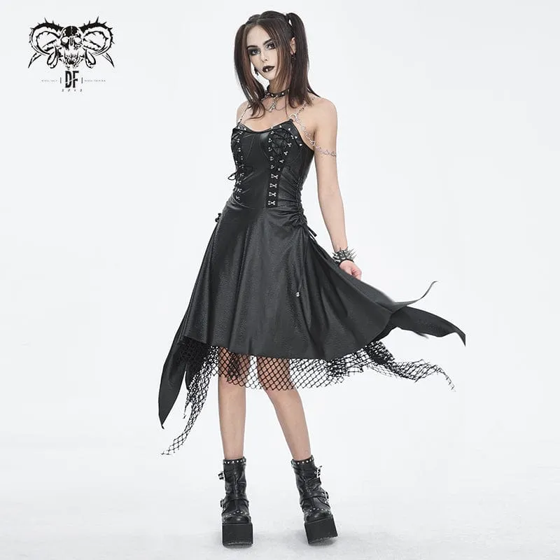 Damen-Gothic-Kleid mit Mesh-Nieten und Kunstledersaum