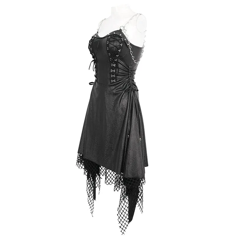 Damen-Gothic-Kleid mit Mesh-Nieten und Kunstledersaum