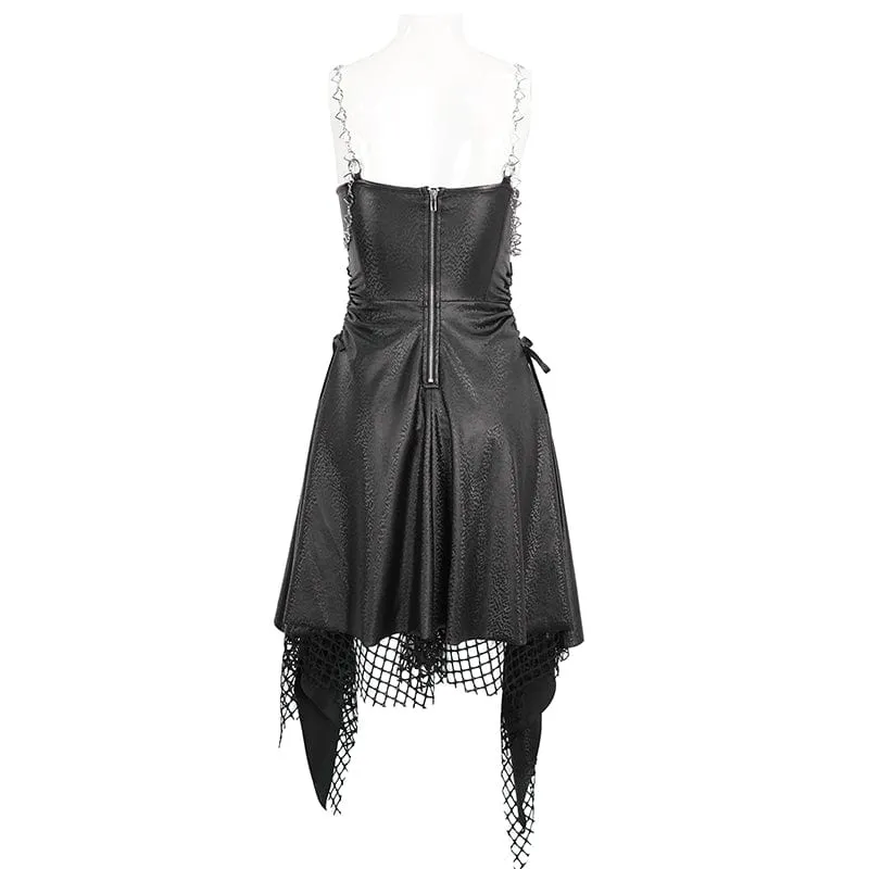 Damen-Gothic-Kleid mit Mesh-Nieten und Kunstledersaum