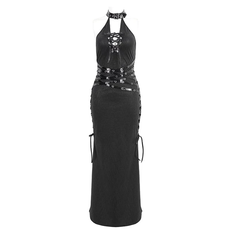 Damen Gothic-Neckholder-Kleid mit seitlichem Schlitz und Trägern