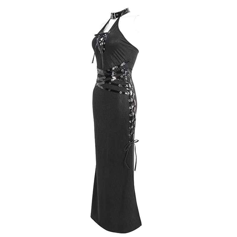 Damen Gothic-Neckholder-Kleid mit seitlichem Schlitz und Trägern