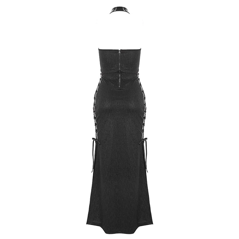 Damen Gothic-Neckholder-Kleid mit seitlichem Schlitz und Trägern
