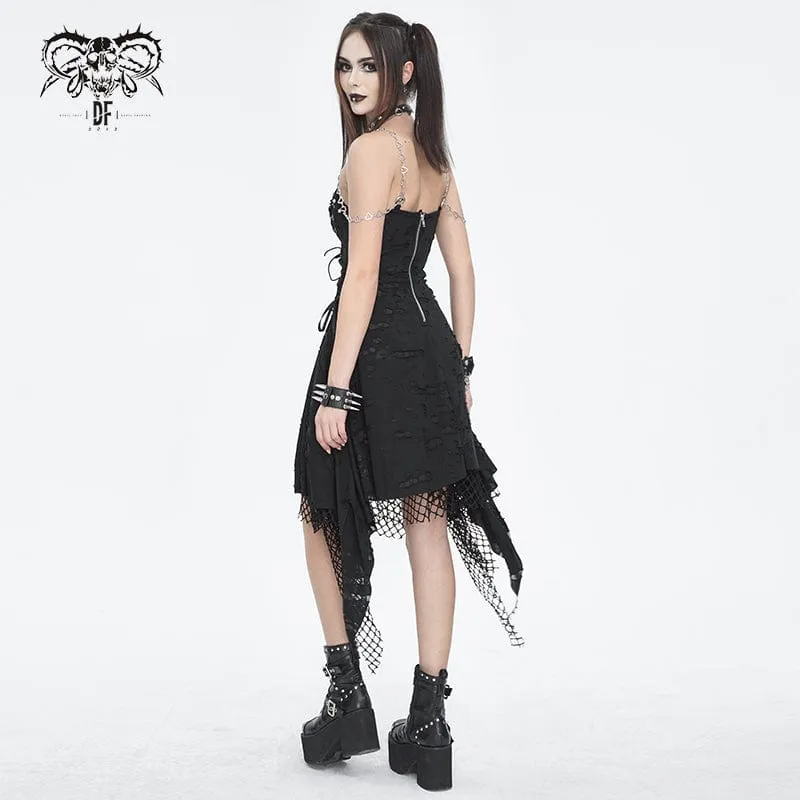 Damen-Slipkleid im Gothic-Stil mit Mesh-Nieten und gerissenem Saum