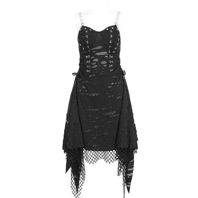 Damen-Slipkleid im Gothic-Stil mit Mesh-Nieten und gerissenem Saum