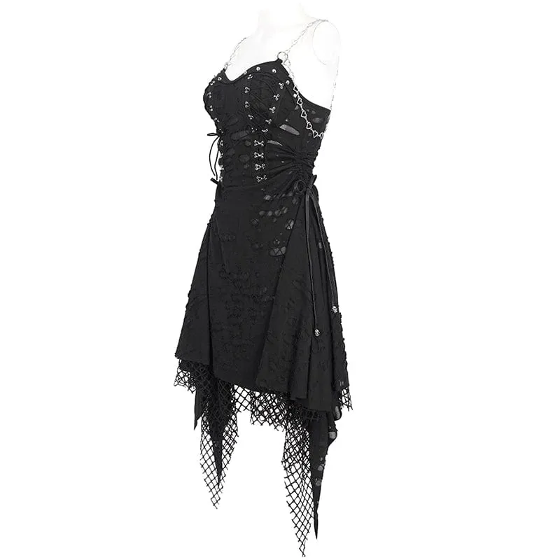 Damen-Slipkleid im Gothic-Stil mit Mesh-Nieten und gerissenem Saum
