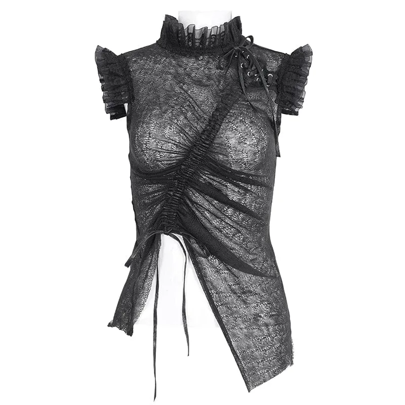 Damen-Gothic-Top mit durchsichtiger Schnürung und Rüschen aus Netzstoff
