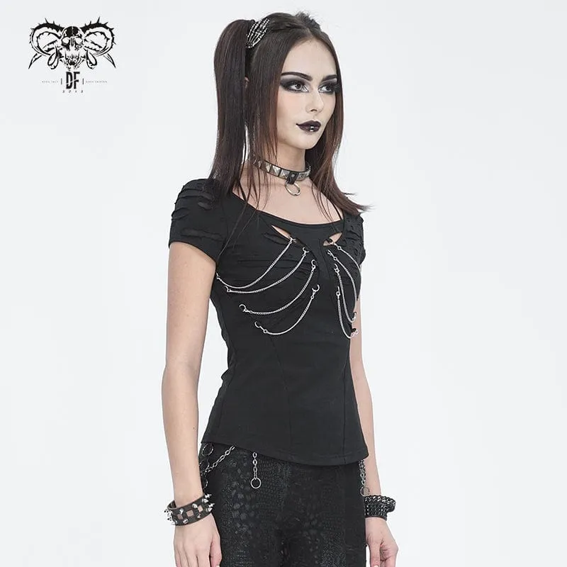 Kurzärmliges Damen-T-Shirt mit Punk-Ausschnitt und zerrissener Kette