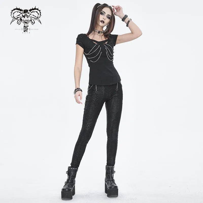 Kurzärmliges Damen-T-Shirt mit Punk-Ausschnitt und zerrissener Kette