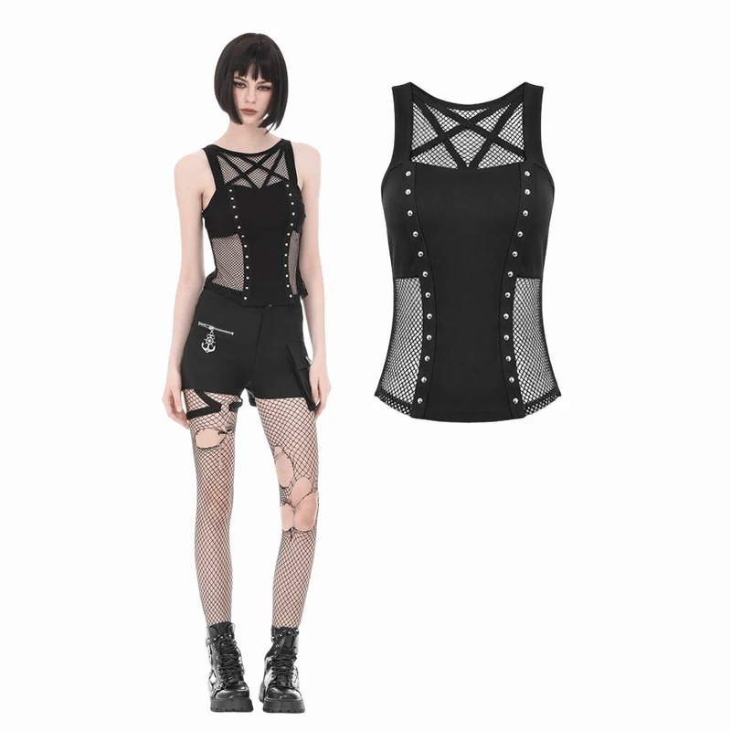 Punk-Tanktop mit Nieten und Pentagramm-Einsätzen aus Mesh für Damen