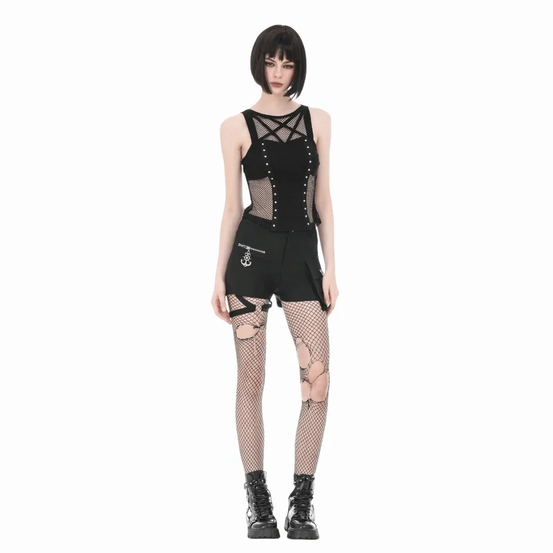 Punk-Tanktop mit Nieten und Pentagramm-Einsätzen aus Mesh für Damen