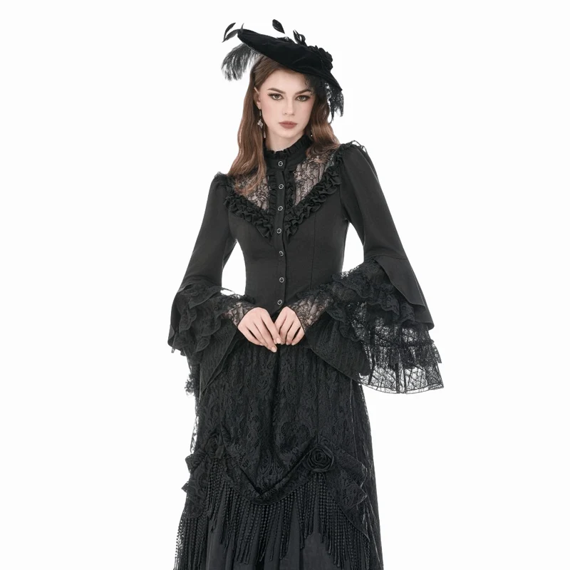 Gothic-Damenbluse mit Spitzenbesatz, Rüschen und Stehkragen