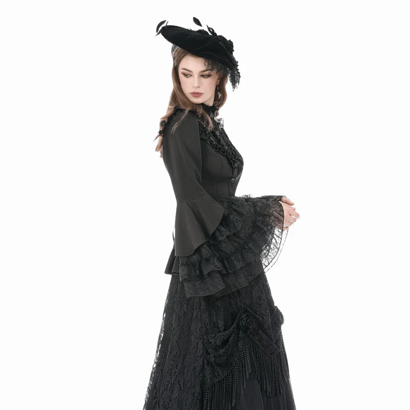Gothic-Damenbluse mit Spitzenbesatz, Rüschen und Stehkragen