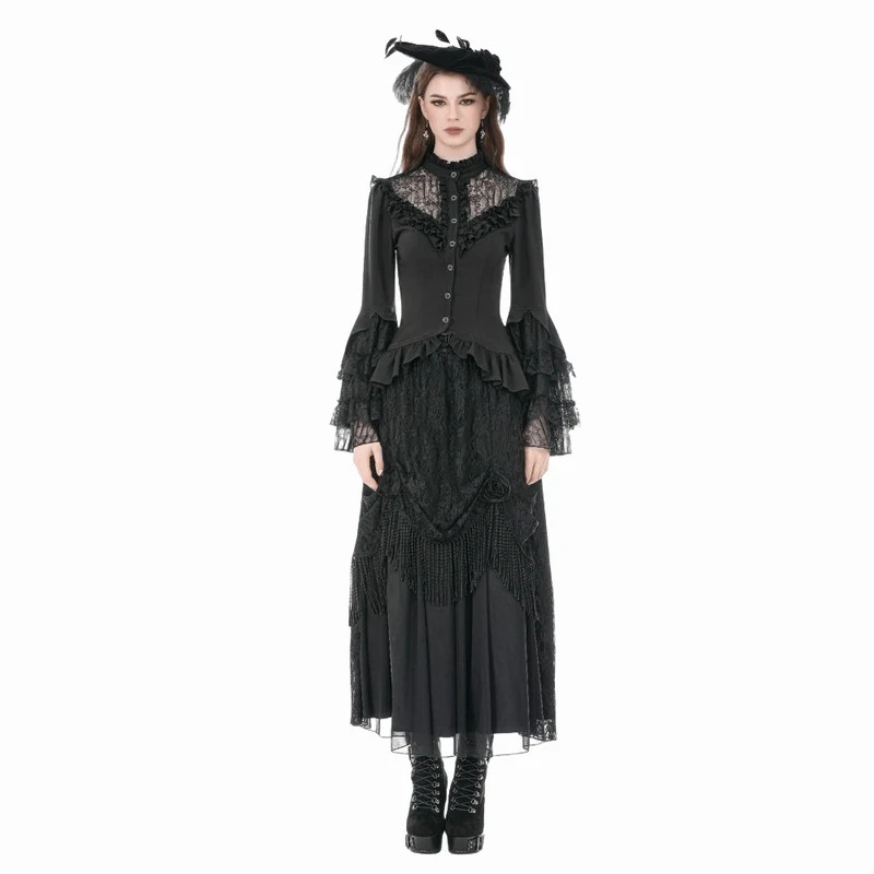 Gothic-Damenbluse mit Spitzenbesatz, Rüschen und Stehkragen