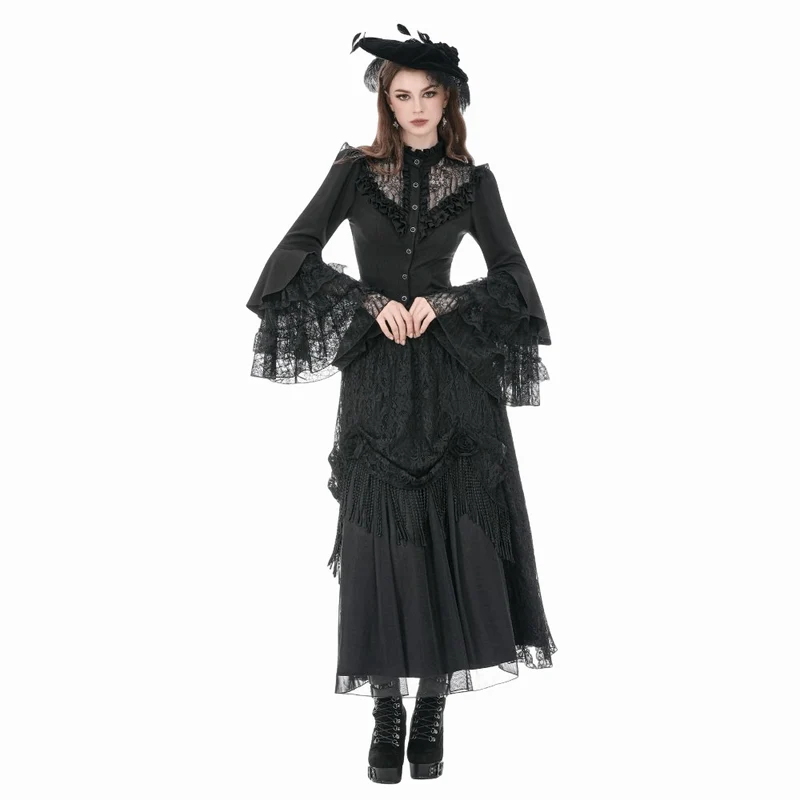 Gothic-Damenbluse mit Spitzenbesatz, Rüschen und Stehkragen