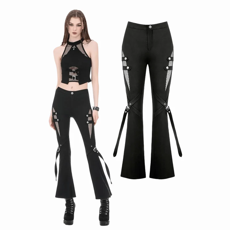 Punk-Schlaghose für Damen mit Schnallenriemen, Mesh-Patchwork-Einsätzen