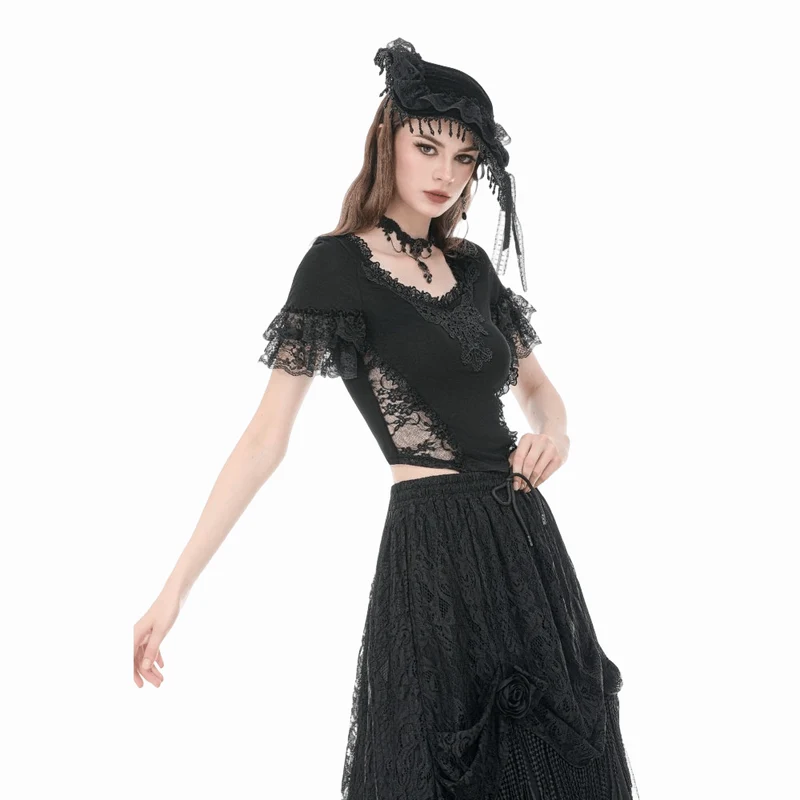 Gothic-T-Shirt für Damen mit Spitzenstickerei, eckigem Kragen und kurzen Ärmeln