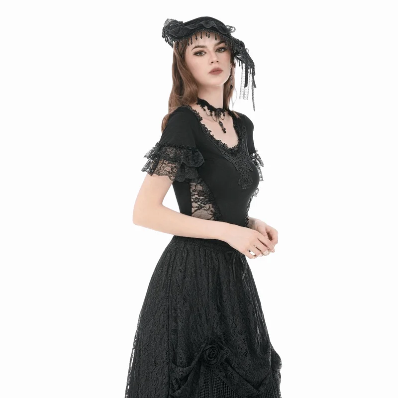 Gothic-T-Shirt für Damen mit Spitzenstickerei, eckigem Kragen und kurzen Ärmeln