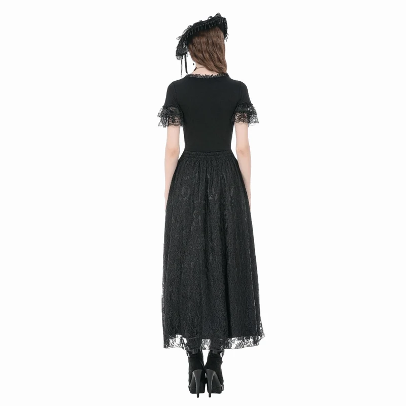 Gothic-T-Shirt für Damen mit Spitzenstickerei, eckigem Kragen und kurzen Ärmeln