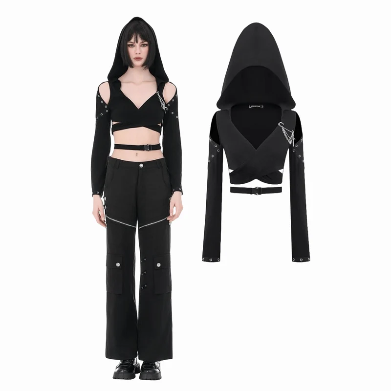 Punkiges Damen-Crop-Top mit Ösen, Kapuze, langen Ärmeln und abnehmbarer Brosche