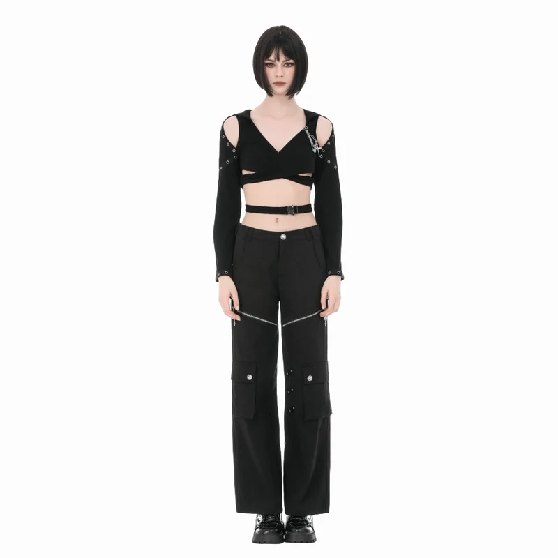 Punkiges Damen-Crop-Top mit Ösen, Kapuze, langen Ärmeln und abnehmbarer Brosche