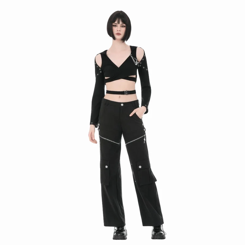 Punkiges Damen-Crop-Top mit Ösen, Kapuze, langen Ärmeln und abnehmbarer Brosche