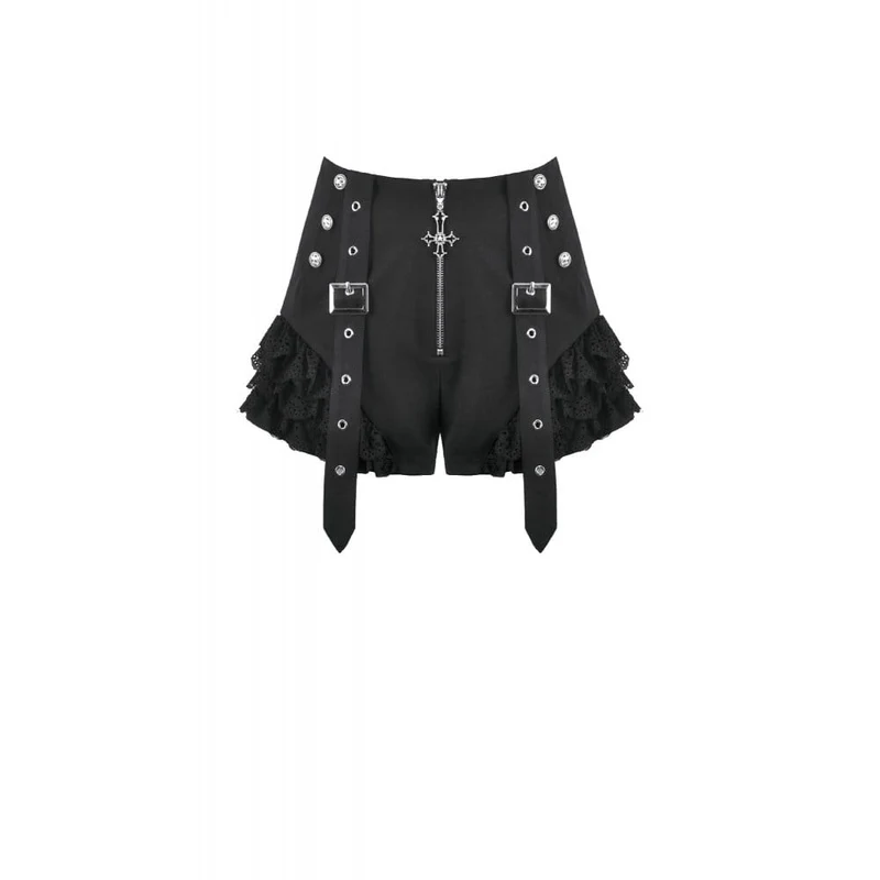Punk-Shorts für Damen mit Spitzenbesatz, Schnallenriemen und Reißverschluss