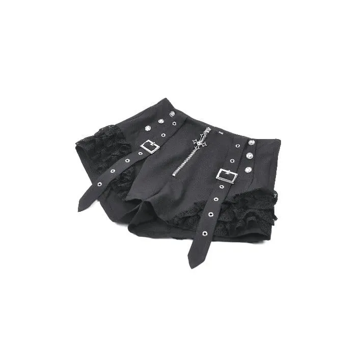 Punk-Shorts für Damen mit Spitzenbesatz, Schnallenriemen und Reißverschluss