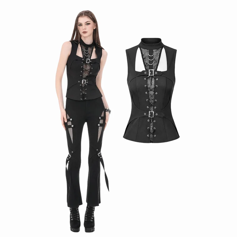 Punk-Tanktop für Damen mit D-Ringen, Schnallenriemen und Cut-outs