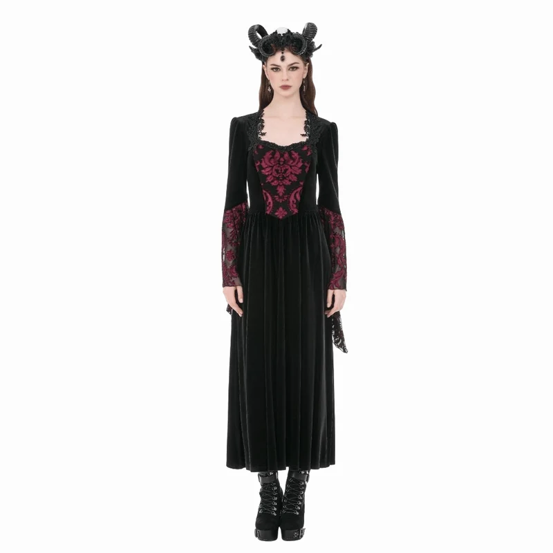 Gothic-Brautkleid für Damen mit Blumenmuster, eckigem Kragen und ausgestellten Ärmeln