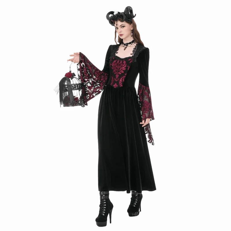 Gothic-Brautkleid für Damen mit Blumenmuster, eckigem Kragen und ausgestellten Ärmeln