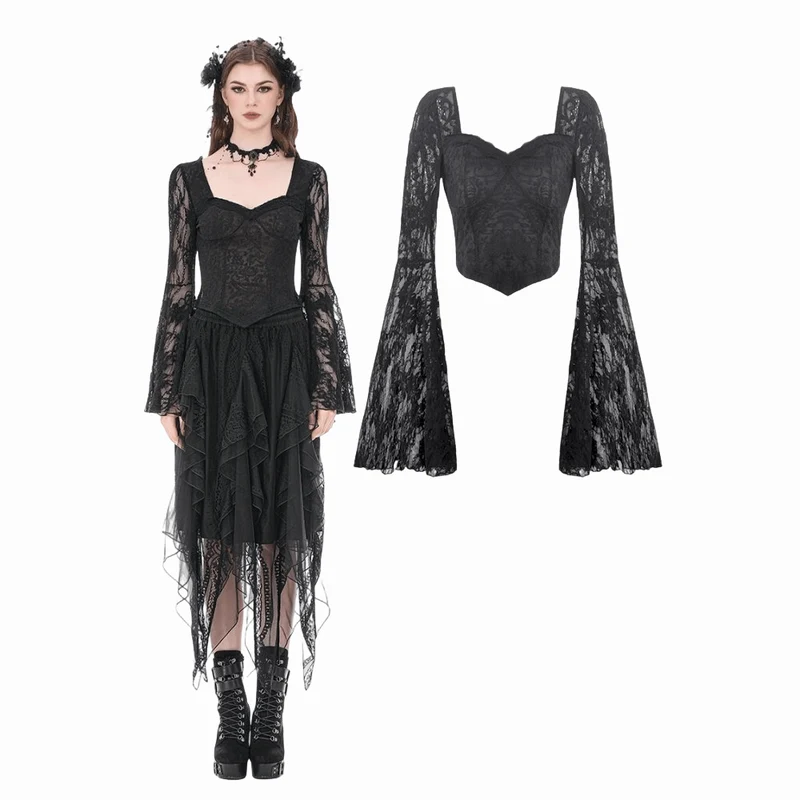 Gothic-Top für Damen mit eckigem Kragen, floraler Spitze und Glockenärmeln