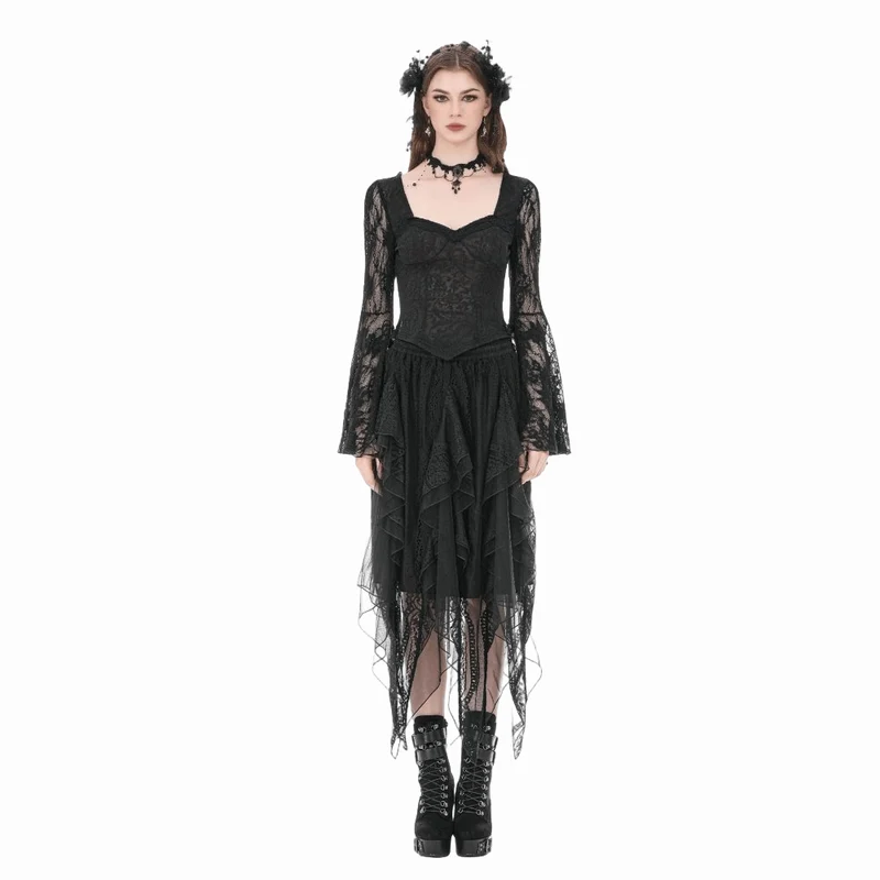 Gothic-Top für Damen mit eckigem Kragen, floraler Spitze und Glockenärmeln