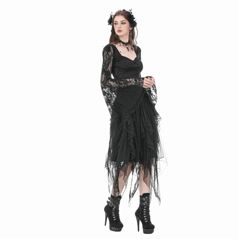 Gothic-Top für Damen mit eckigem Kragen, floraler Spitze und Glockenärmeln