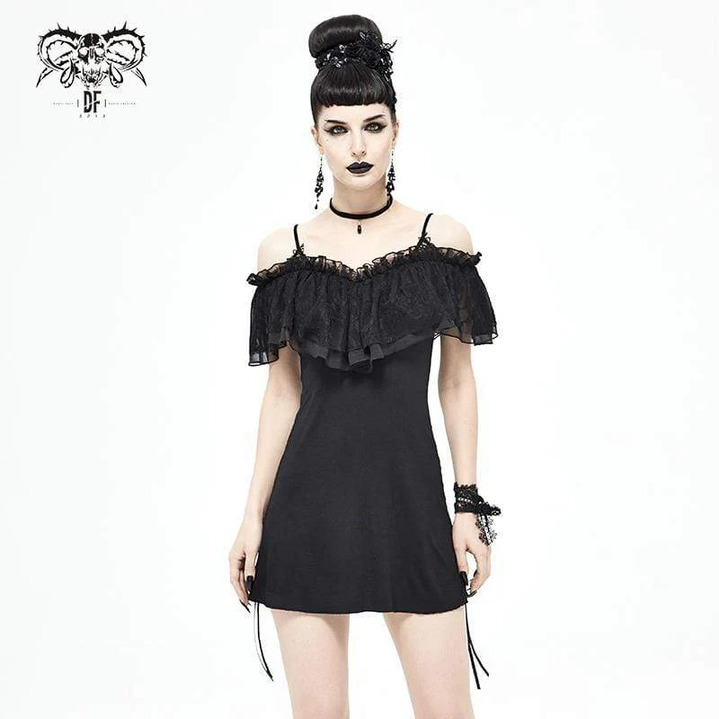 Schwarzes, gotisches, mehrlagiges Slipkleid mit Kordelzug für Damen, Abschlusskleid