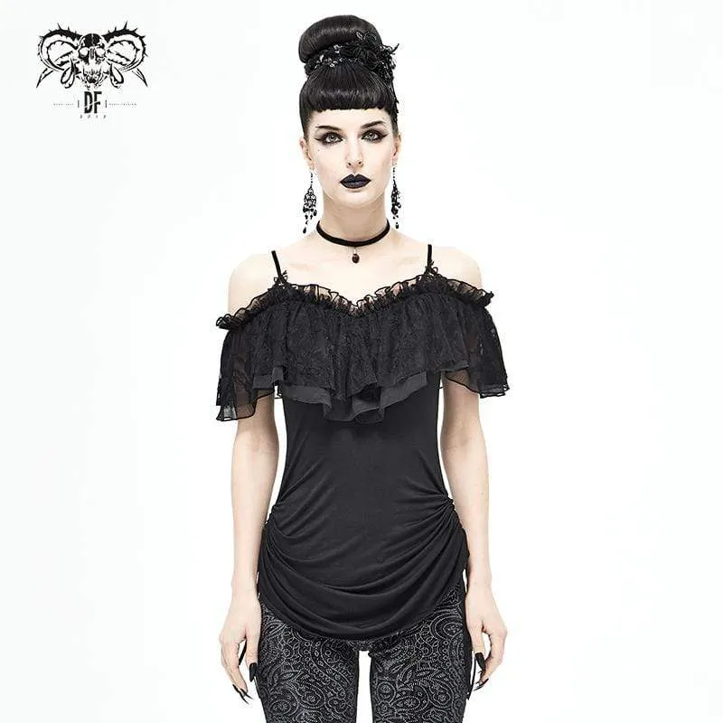 Schwarzes, gotisches, mehrlagiges Slipkleid mit Kordelzug für Damen, Abschlusskleid