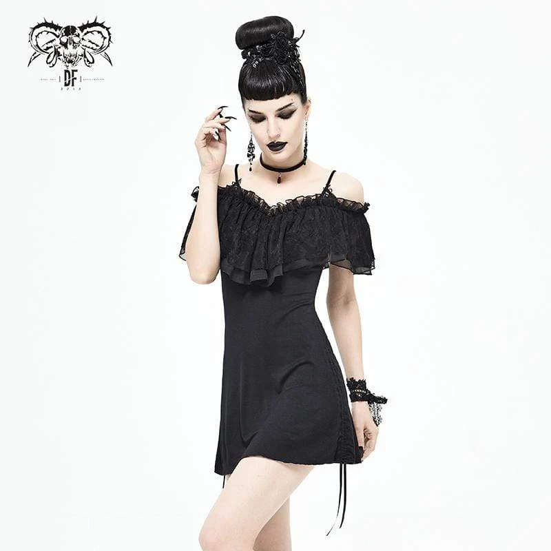 Schwarzes, gotisches, mehrlagiges Slipkleid mit Kordelzug für Damen, Abschlusskleid