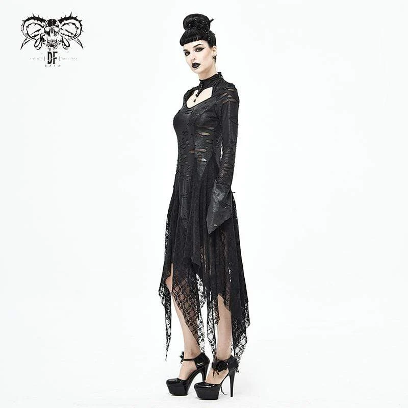 Damen Gothic Riemchen Ripped Splice Schwarzes Kleid