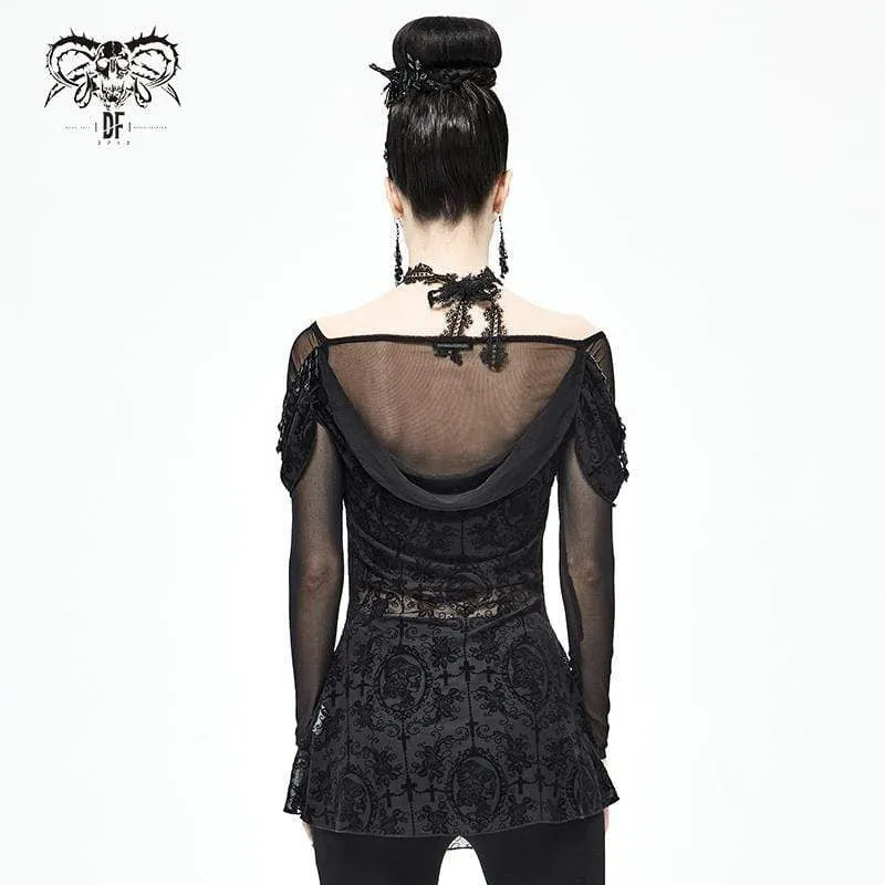 Gothic-Blumenstickerei für Damen durchsichtiges schwarzes Mesh-Oberteil