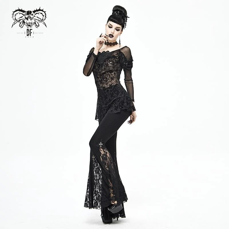 Gothic-Blumenstickerei für Damen durchsichtiges schwarzes Mesh-Oberteil